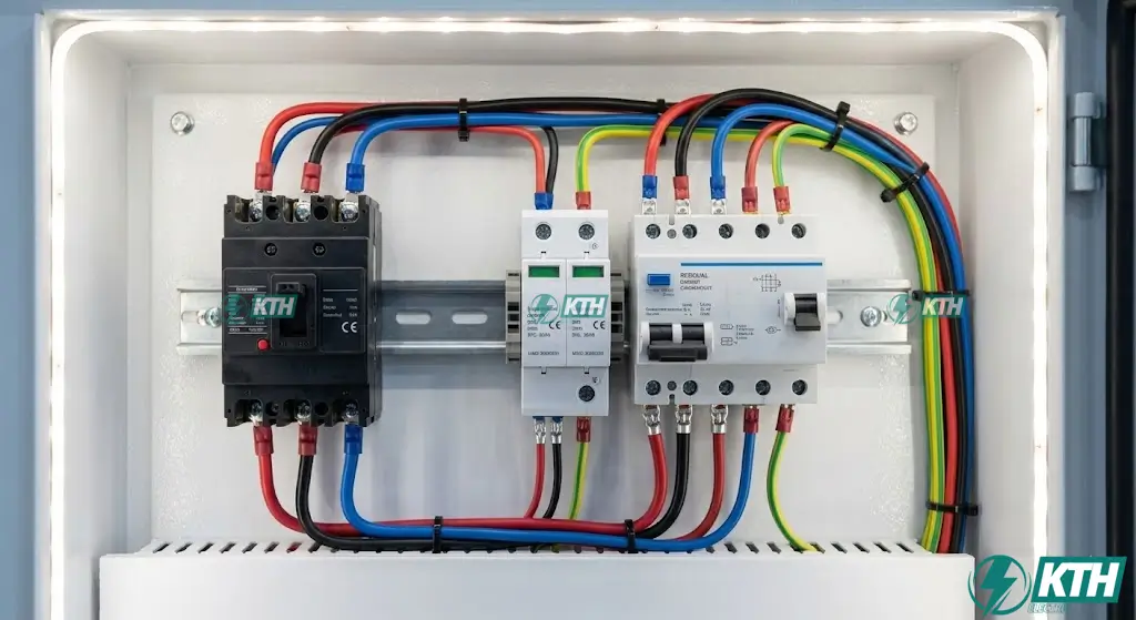 Sơ đồ đấu nối tủ điện trạm sạc EV phối hợp 3 cấp bảo vệ an toàn theo chuẩn KTH Electric.