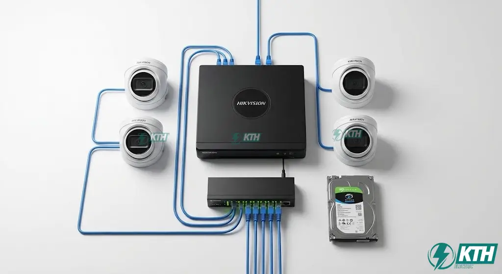 Sơ đồ kết nối hệ thống camera IP PoE gồm Switch cấp nguồn, đầu ghi NVR và ổ cứng chuyên dụng.