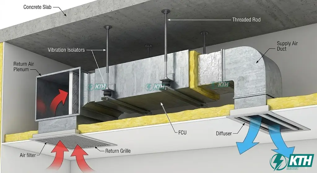 Sơ đồ nguyên lý lắp đặt và đường đi của gió cấp, gió hồi đối với máy lạnh FCU giấu trần nối ống gió.