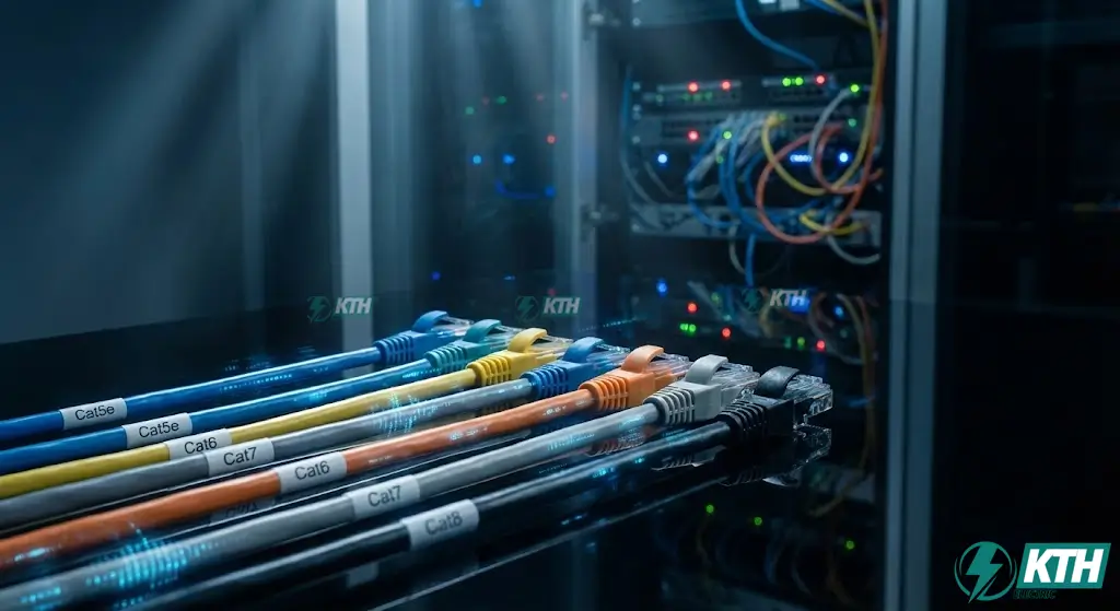 So sánh các loại dây cáp mạng Cat5e Cat6 Cat7 Cat8 tốc độ cao dùng cho văn phòng và gia đình.