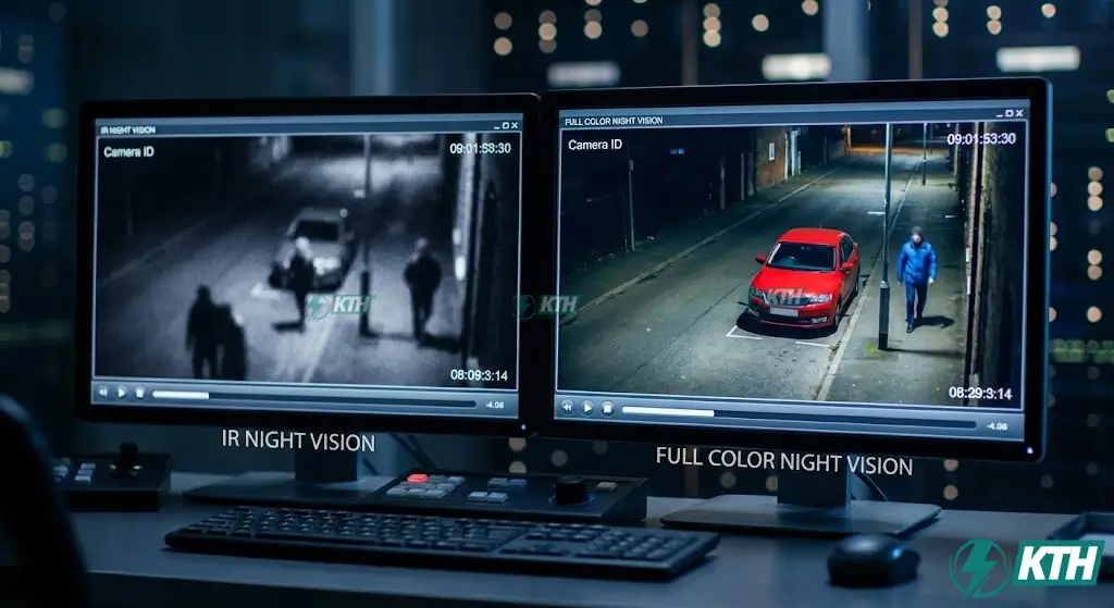 So sánh thực tế hình ảnh camera ban đêm: Công nghệ Hồng ngoại (IR) đen trắng cũ và công nghệ Full Color có màu 24/7 mới nhất 2026.