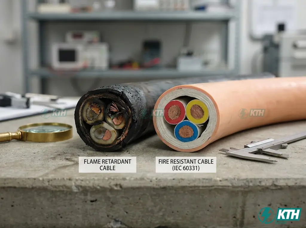 Hình ảnh so sánh cận cảnh cấu tạo cáp điện chống cháy tiêu chuẩn IEC 60331 và cáp chậm cháy thường dùng trong hệ thống PCCC.