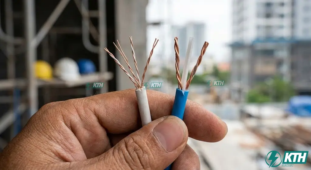 So sánh cấu tạo bên trong dây mạng Cat5e và Cat6 có lõi nhựa chống nhiễu.
