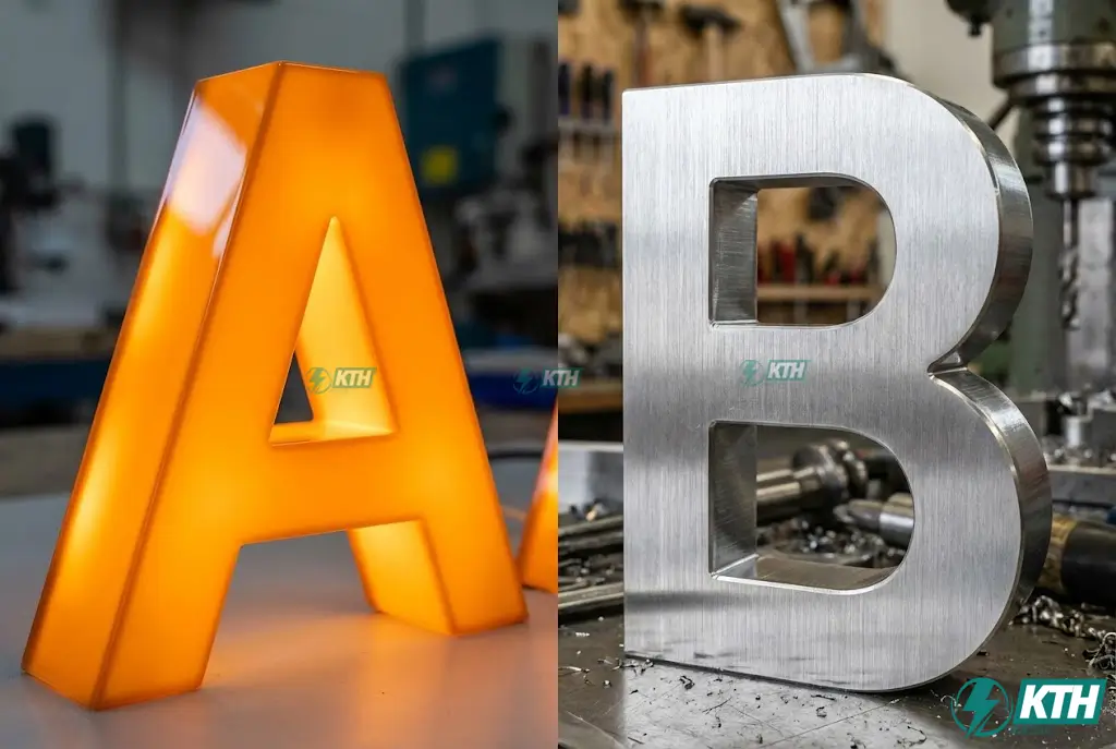 So sánh chi tiết bề mặt chữ nổi Mica xuyên sáng và chữ nổi Inox 304 xước mờ được cắt gia công bằng máy CNC chính xác.