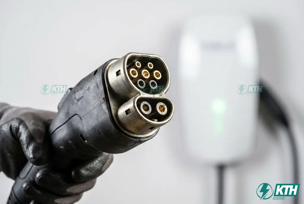 Cận cảnh đầu sạc nhanh DC (CCS2) so sánh với sạc thường AC, phân biệt cấu tạo và công suất nạp điện vào pin xe hơi.