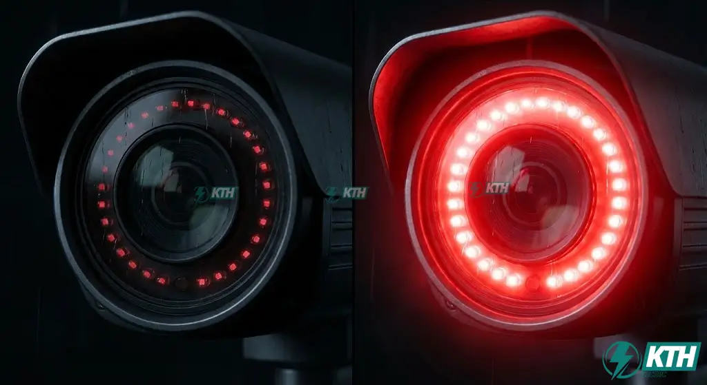 So sánh đèn hồng ngoại camera ban đêm: Bên trái là nguồn yếu đèn sáng mờ, bên phải là nguồn đủ đèn sáng mạnh.