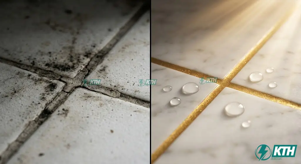 Hình ảnh so sánh đường ron gạch cũ bị đen mốc do dùng xi măng trắng và đường ron Keo Epoxy màu vàng kim tuyến chống thấm tuyệt đối sáng bóng như kính.