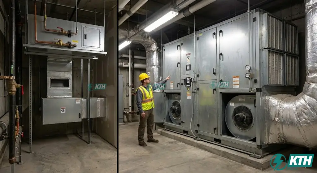 Hình ảnh so sánh thực tế kích thước chênh lệch giữa dàn lạnh FCU nhỏ gọn và thiết bị xử lý không khí AHU công suất lớn.