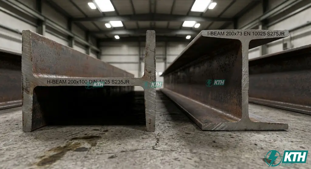 Hình ảnh mặt cắt ngang so sánh sự khác biệt kỹ thuật giữa thép hình chữ H và thép hình chữ I (dầm cầu trục).