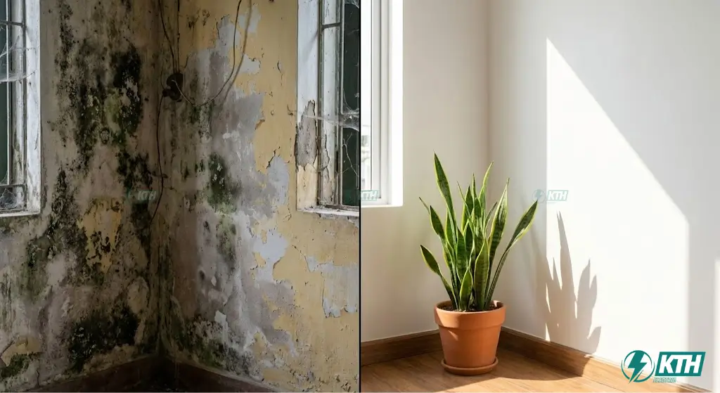 Hình ảnh so sánh trước và sau khi xử lý chống thấm chân tường nhà cũ thành công.