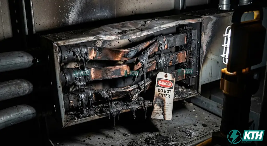 Hình ảnh sự cố nổ busway tại khớp nối do lỏng ốc và quá nhiệt gây chập cháy hệ thống điện nghiêm trọng.