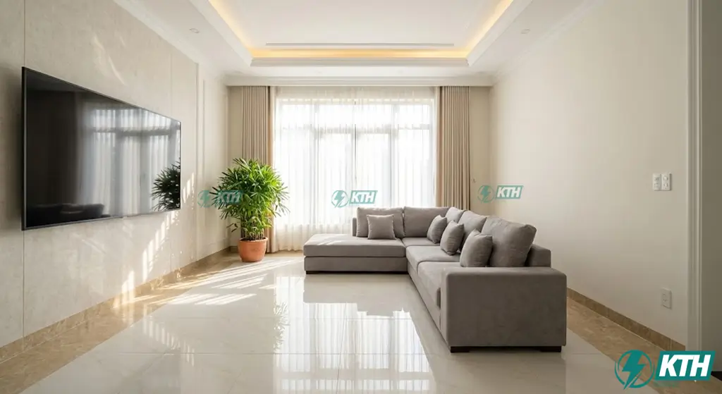 Hình ảnh phòng khách hiện đại sau khi sử dụng dịch vụ sửa chữa nhà Long An trọn gói của KTH Electric.