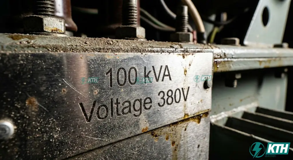 kVA là gì? 1 kVA bằng bao nhiêu kW, Ampe? Bảng Quy Đổi 2026 1 hình ảnh tem thông số công suất kVA trên máy biến áp 3 pha công nghiệp