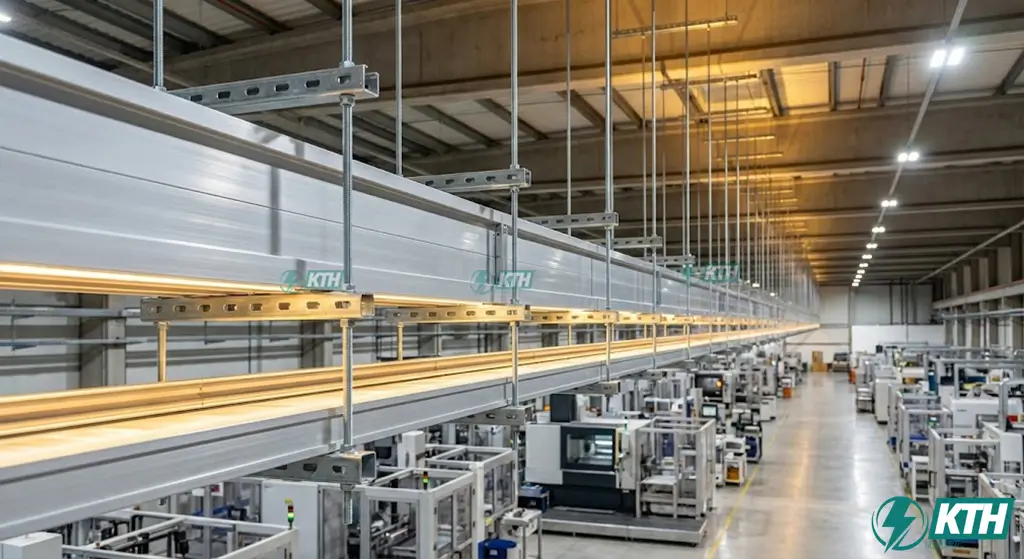 Hệ thống giá đỡ ty treo busway trục ngang lắp đặt chuẩn khoảng cách 1.5m tại nhà máy công nghiệp