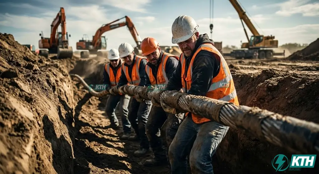 Đội ngũ kỹ thuật KTH Electric đang thi công kéo cáp ngầm DSTA 3 pha 4 lõi có giáp bảo vệ tại công trường, đảm bảo đúng tiêu chuẩn kỹ thuật TCVN.