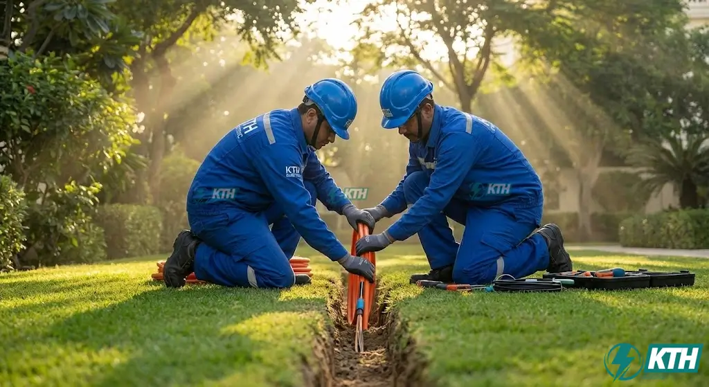 Kỹ sư KTH Electric thi công đi dây cáp quang ngầm hóa trong ống HDPE tại sân vườn biệt thự cao cấp đảm bảo thẩm mỹ.