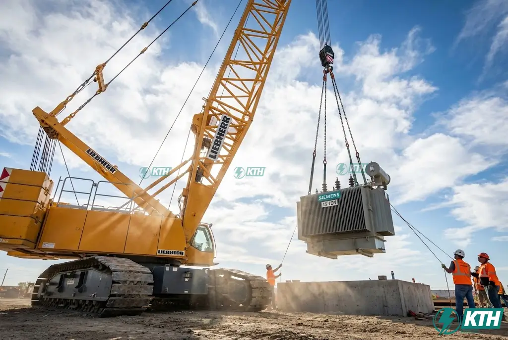 Quy trình cẩu lắp máy biến áp 5000kVA trọng lượng 15 tấn vào bệ móng trạm biến áp an toàn.