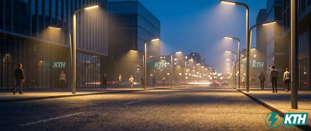 Hệ thống thi công chiếu sáng hạ thế đường phố hiện đại với đèn LED tiết kiệm điện tại khu đô thị.