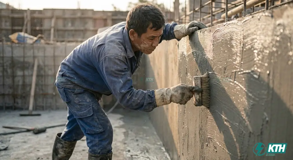 Thợ thi công người Việt Nam đang quét lớp vữa chống thấm gốc xi măng polymer Sika Topseal 107 lên thành bể bơi đúng kỹ thuật.