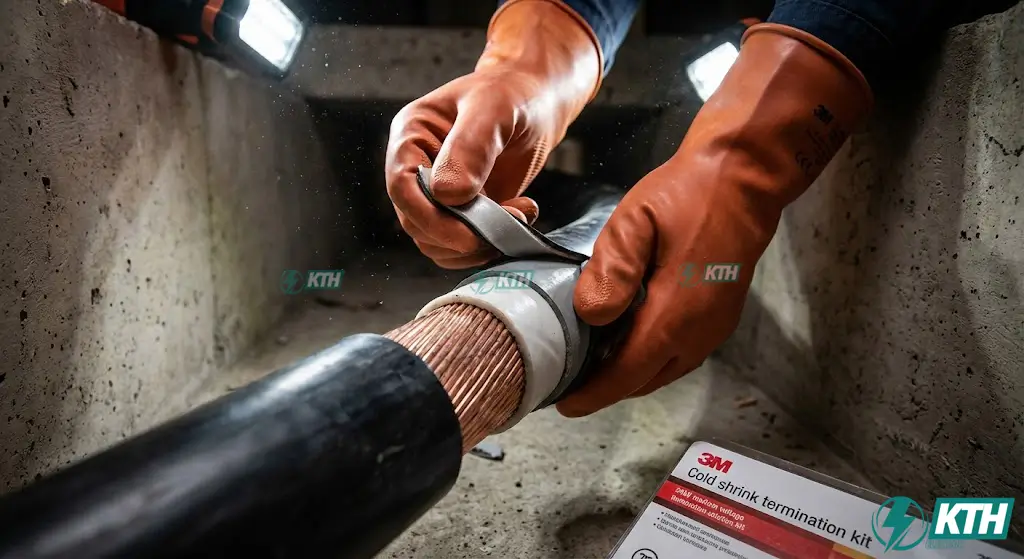 Kỹ thuật viên đang thi công đầu cáp ngầm trung thế 24kV sử dụng công nghệ co nguội 3M tiêu chuẩn.