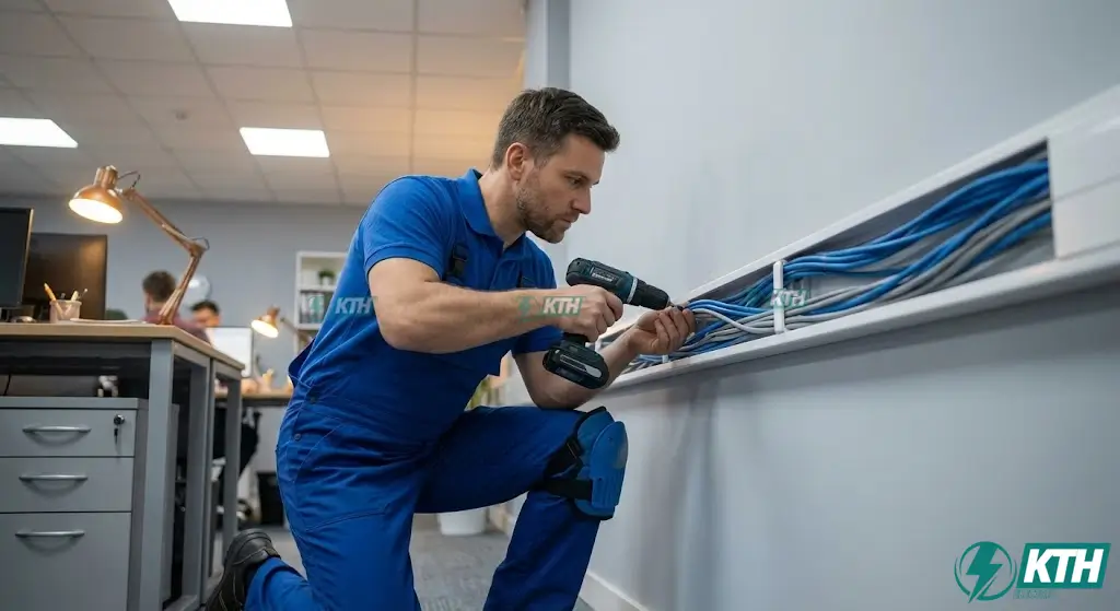 Hình ảnh thi công đi dây mạng LAN văn phòng sử dụng ống nẹp thẩm mỹ, gọn gàng đúng tiêu chuẩn kỹ thuật 2026.