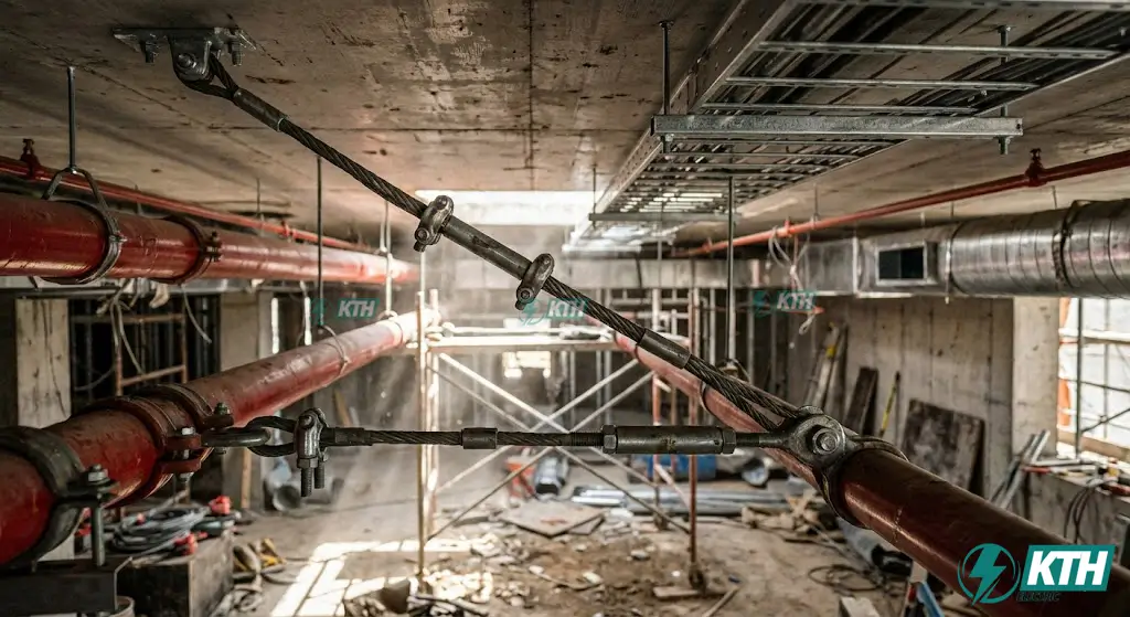 Hệ thống giá đỡ và thanh giằng kháng chấn (seismic bracing) được thi công thực tế cho đường ống PCCC và máng cáp điện để đảm bảo an toàn theo TCVN 9386.