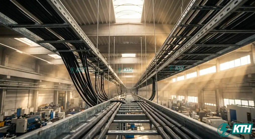 Hệ thống thang máng cáp điện hạ thế (Cable Ladder) được lắp đặt thẳng hàng, chắc chắn trên trần nhà xưởng công nghiệp, bảo vệ cáp động lực cấp nguồn 0.4kV.
