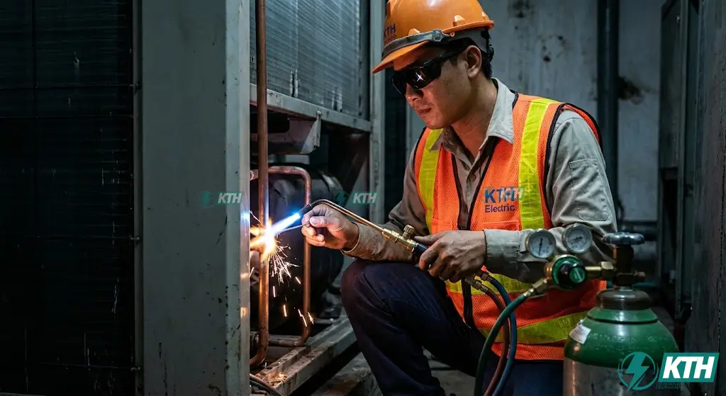 Điều Hòa Công Nghiệp 2026: Cẩm Nang Báo Giá & Thi Công A-Z 4 Kỹ sư cơ điện KTH Electric đang thi công hàn ống đồng máy lạnh công nghiệp đúng kỹ thuật đảm bảo độ kín và an toàn.