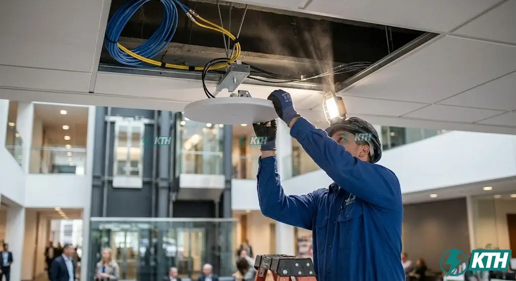 Kỹ thuật viên cơ điện đang lắp đặt ăng-ten phân tán (DAS) để phủ sóng di động trên trần giả tòa nhà cao tầng.