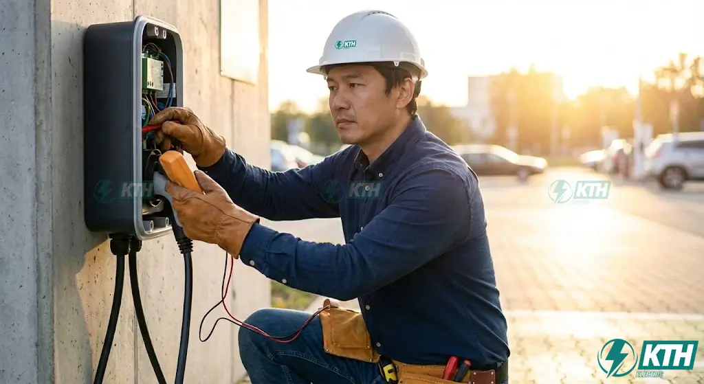 Kỹ thuật viên KTH Electric thi công lắp đặt và kiểm tra an toàn hệ thống trạm sạc.