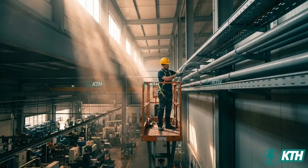 Đội ngũ kỹ thuật viên đang thi công hệ thống mạng LAN nhà xưởng trên cao sử dụng ống gen và thang máng cáp chịu lực.