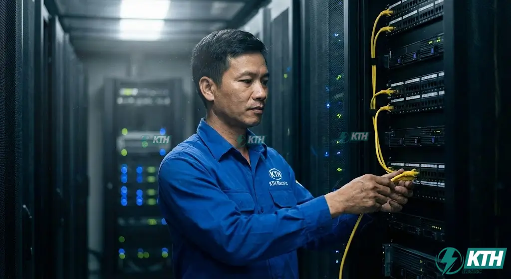 Kỹ thuật viên KTH Electric đang kiểm tra hệ thống tủ Rack server được thi công mạng LAN văn phòng chuẩn quốc tế với dây cáp gọn gàng.