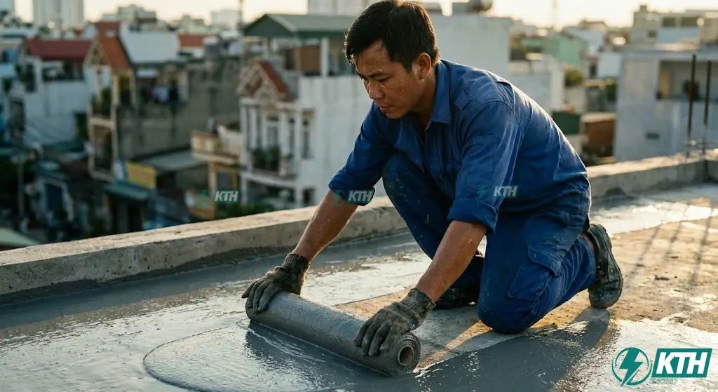 Thợ thi công quét phụ gia chống thấm Sika Latex và màng lỏng chuyên dụng lên sàn mái.