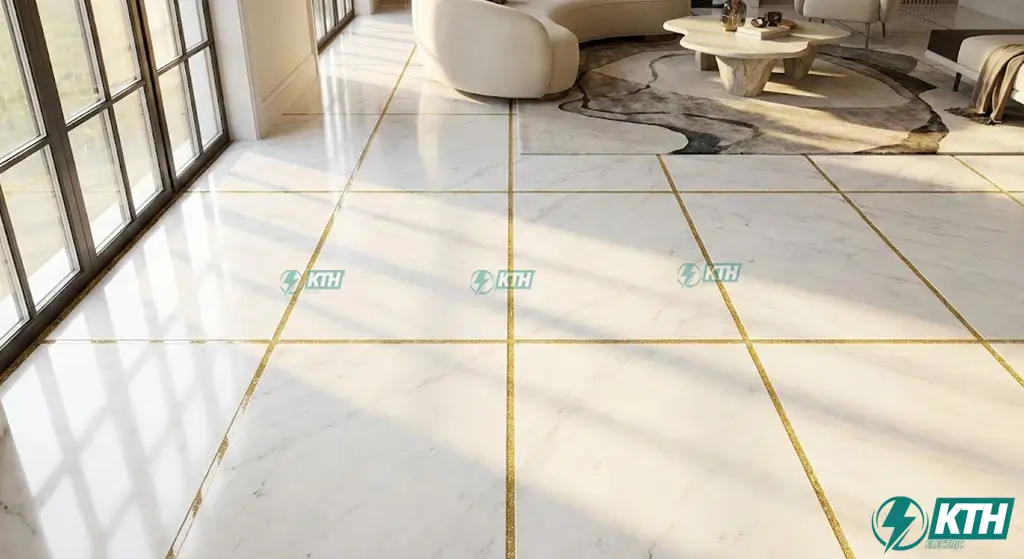 Thi công ron chống thấm men sứ màu vàng kim tuyến cho sàn gạch phòng khách biệt thự sang trọng tại Thảo Điền.