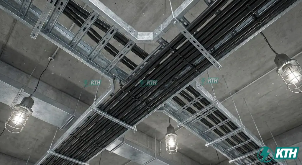 Hướng Dẫn Lắp Đặt Hệ Thống Điện Công Nghiệp: Quy Trình 8 Bước Chuẩn TCVN 3 Thi công lắp đặt hệ thống thang máng cáp và kéo dây cáp điện động lực gọn gàng trên trần nhà xưởng công nghiệp.