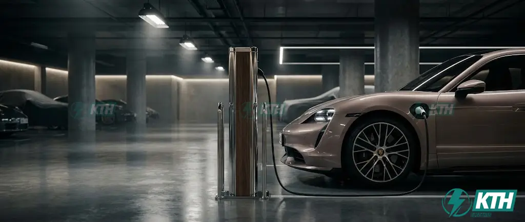 Xe ô tô điện VinFast đang sạc pin tại trạm sạc AC trụ đứng lắp đặt tại tầng hầm chung cư cao cấp với hệ thống chiếu sáng và pccc tiêu chuẩn.