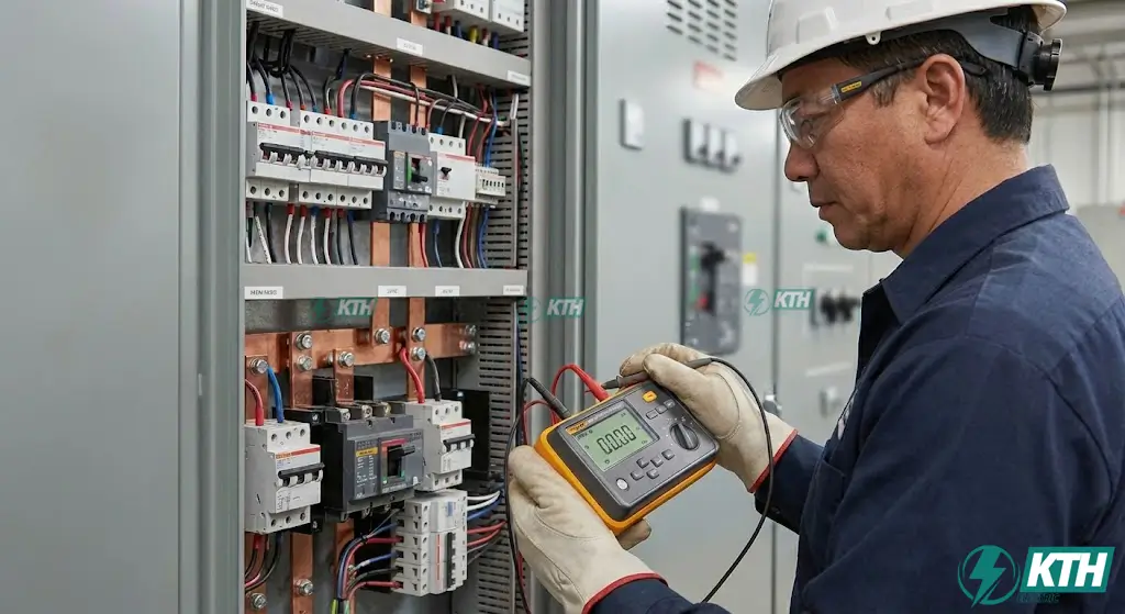 Chuyên gia đang đo điện trở cách điện và thí nghiệm tủ điện tổng MSB trước khi đóng điện.