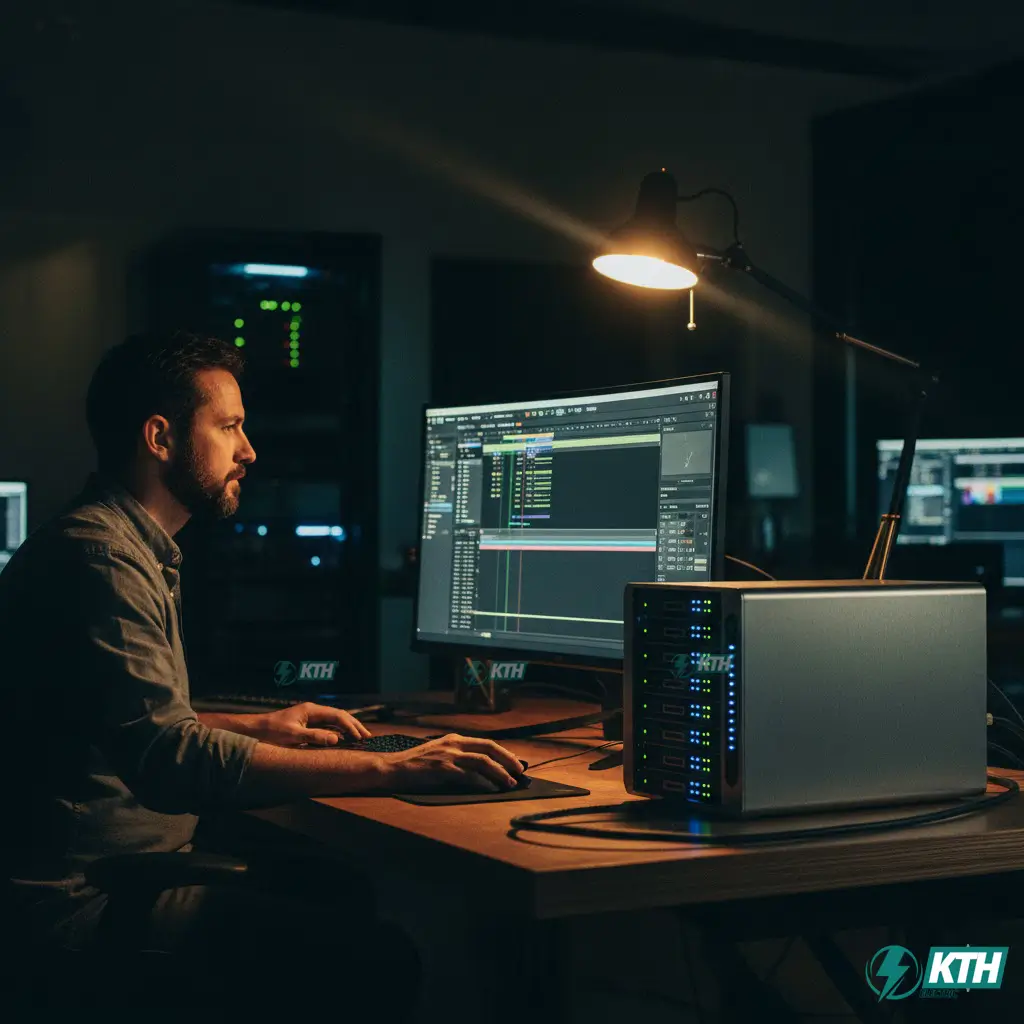 Chuyên gia dựng phim sử dụng thiết bị lưu trữ gắn trực tiếp DAS Thunderbolt tốc độ cao để xử lý video 8K.