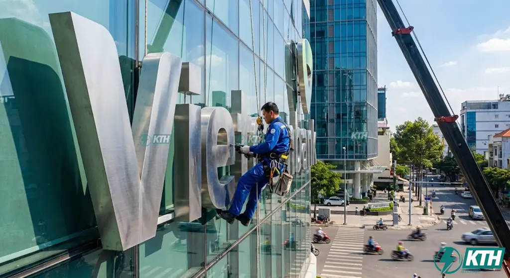 Đội ngũ kỹ thuật viên KTH Electric đang thi công lắp đặt bộ chữ nổi Alu kích thước lớn trên mặt dựng tòa nhà cao tầng tại TPHCM.