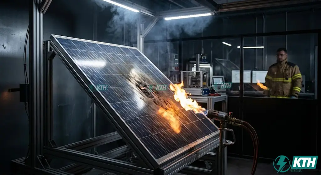 Quy trình thử nghiệm chịu lửa (Fire Test) trong phòng thí nghiệm để đạt chứng nhận an toàn IEC 61730 cho pin mặt trời.