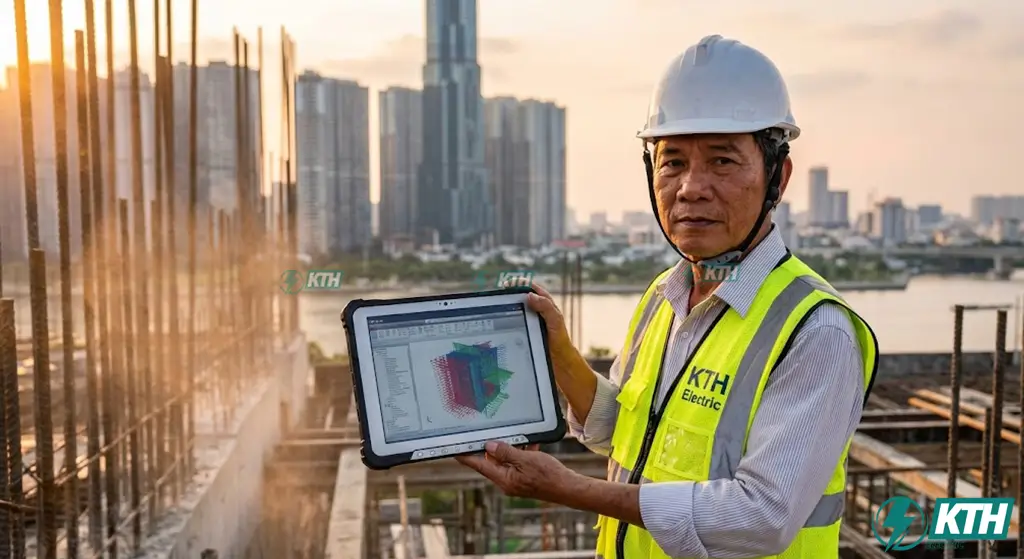 Kỹ sư KTH Electric đang kiểm tra tính toán tải trọng gió theo tiêu chuẩn TCVN 2737:2023 trên mô hình BIM tại công trình nhà cao tầng.