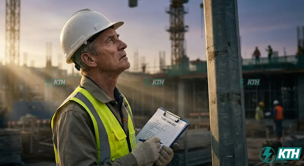 Kỹ sư KTH Electric kiểm tra tiêu chuẩn an toàn điện TCVN tại công trình chiếu sáng công cộng.