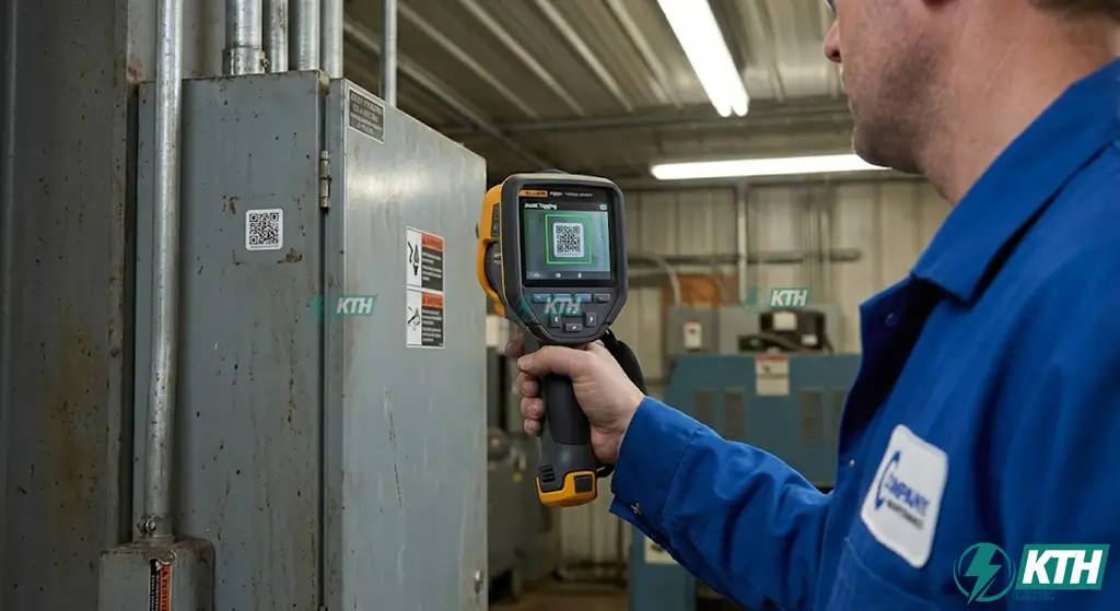 Kỹ thuật viên sử dụng tính năng Asset Tagging trên Fluke TiS55+ quét mã QR để tự động lưu trữ ảnh nhiệt theo tên thiết bị.