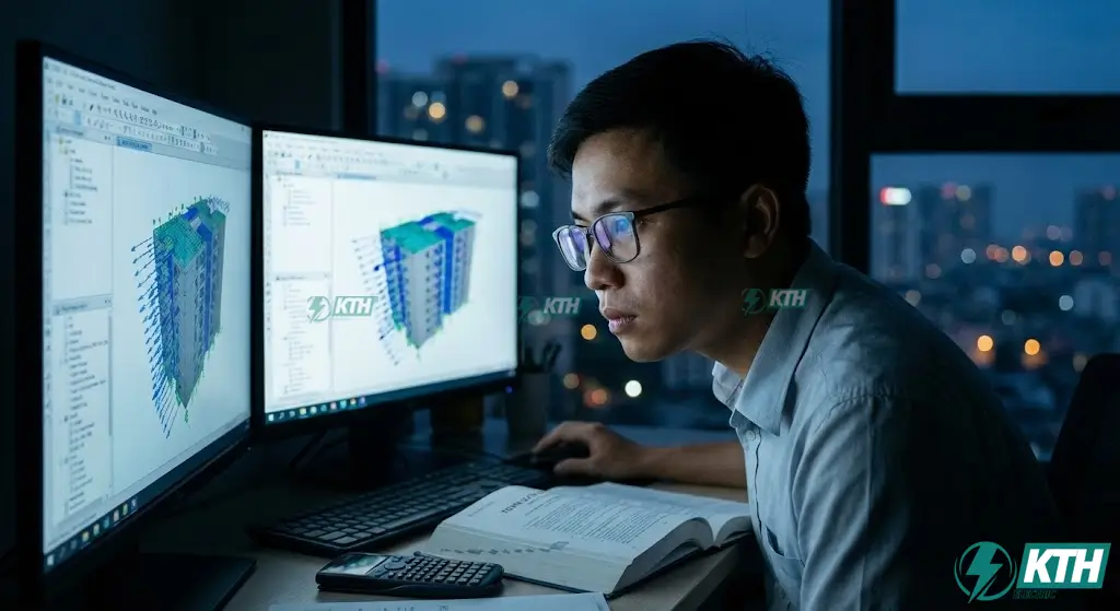 Kỹ sư thiết kế KTH Electric đang sử dụng phần mềm Etabs để gán tải trọng gió và tổ hợp nội lực theo TCVN 2737:2023 cho dự án nhà cao tầng.