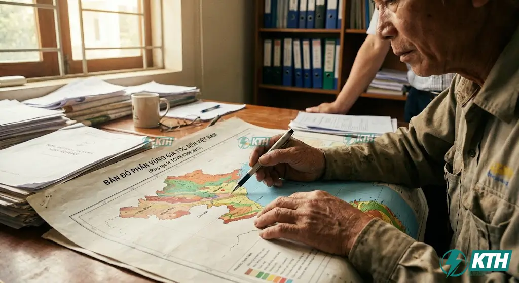 Cận cảnh chuyên gia địa kỹ thuật đang tra cứu bản đồ phân vùng gia tốc nền lãnh thổ Việt Nam trong Phụ lục H của tiêu chuẩn TCVN 9386:2012.