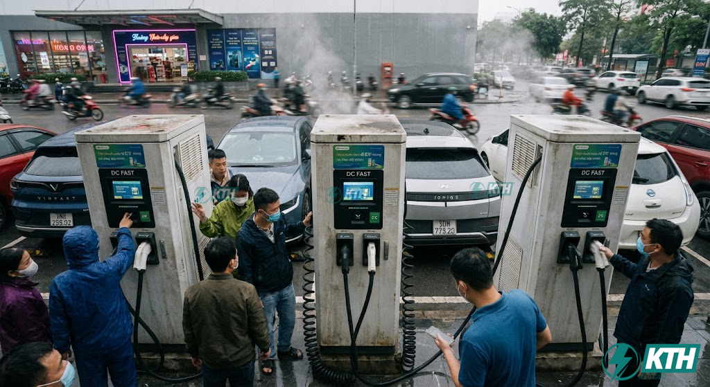 Trạm sạc nhanh DC công suất lớn (Fast Charging Hub) tại bãi đỗ xe trung tâm thương mại đông đúc người sử dụng.
