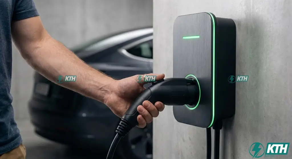 Cận cảnh bộ sạc treo tường Wallbox 7.4kW lắp đặt trong gara, giải pháp sạc ô tô điện tại nhà an toàn và thẩm mỹ.