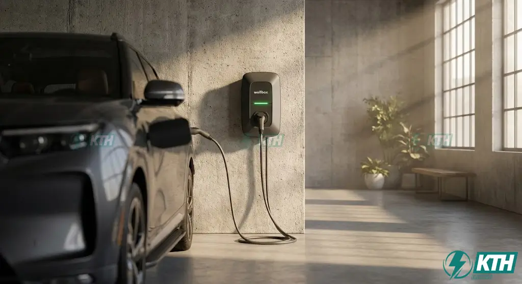 Mẫu trạm sạc xe điện Wallbox treo tường được lắp đặt hoàn thiện tại hộ gia đình, đảm bảo thẩm mỹ và an toàn điện.