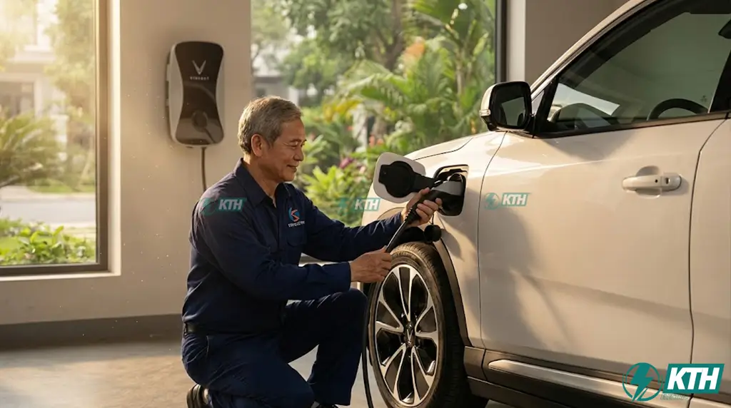 Kỹ sư điện KTH Electric đang kiểm tra trạm sạc xe điện VinFast VF8 lắp đặt tại nhà đảm bảo công suất và an toàn cháy nổ.
