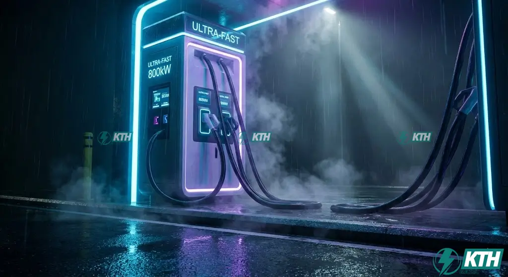 Trụ sạc siêu nhanh DC công suất lớn 360kW tại trạm dừng nghỉ với công nghệ cáp làm mát bằng chất lỏng.